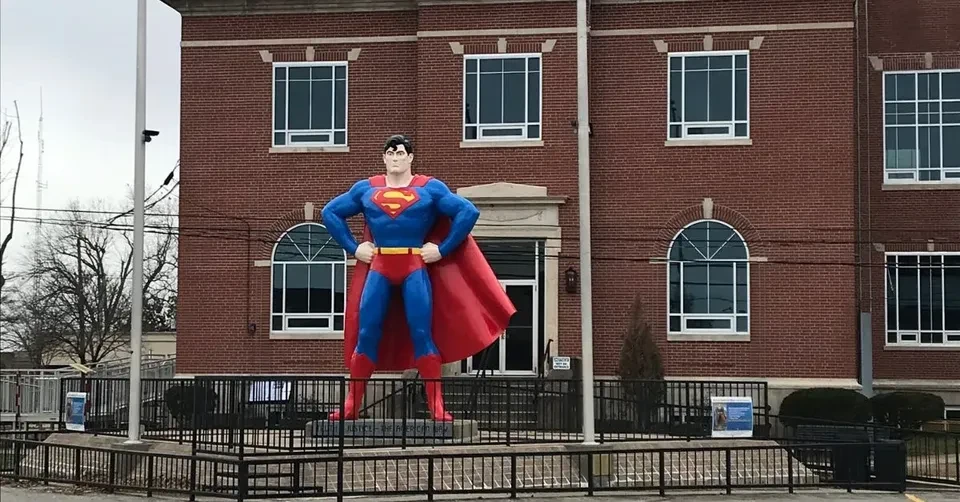 Superman statue in front of the Metropolis, IL courthouse — our hometown